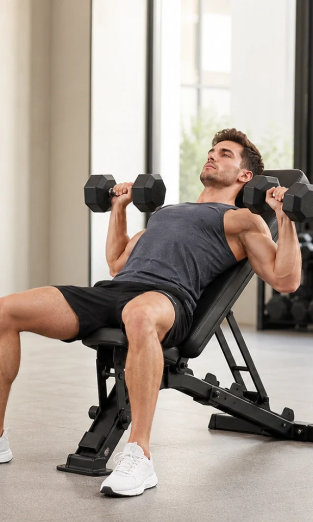 A man pressing dumbbells on an incline bench