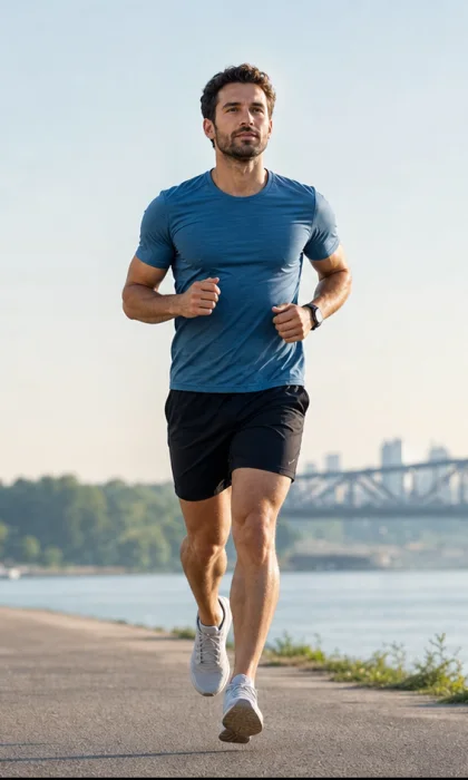 A man running beside the water