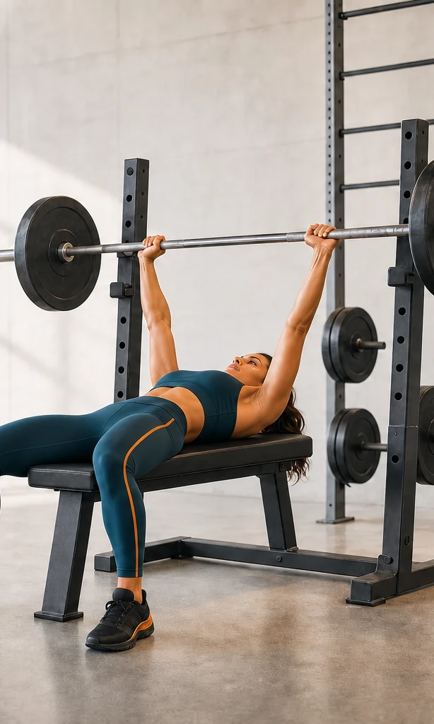 A woman bench pressing a barbell
