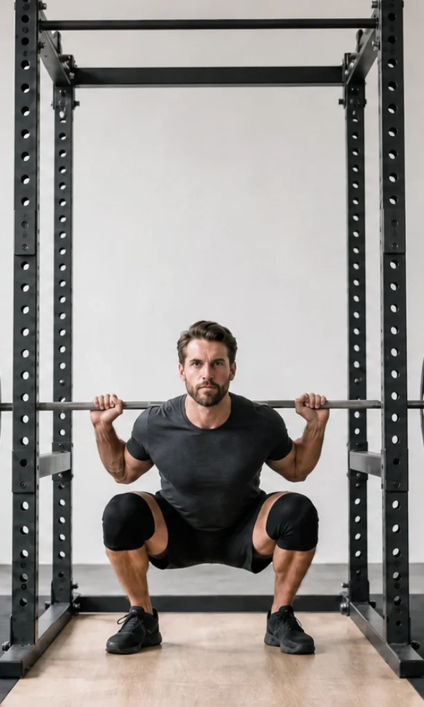 A man at the bottom of a barbell squat in a rack